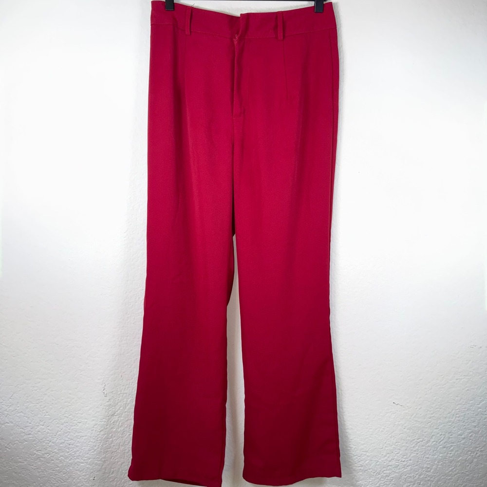 Trousers Women L Red High Waisted Wide Leg Office Professional